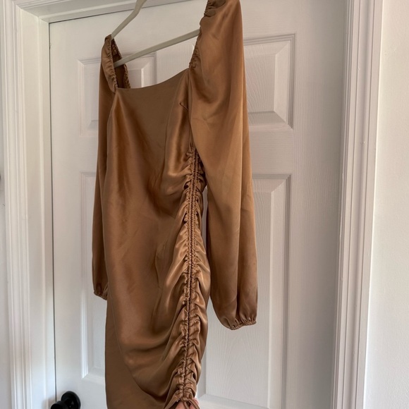 EMORY PARK Bronze Brown Satin Slinky Cinch Side Mini Dress Long Sleeve S - Picture 9 of 10
